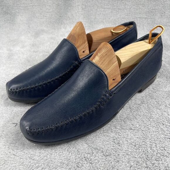 Vintage Salvatore Ferragamo Shoes Mens Sz 8 D Blue Leather Loafers Italy Slip On - Picture 1 of 14